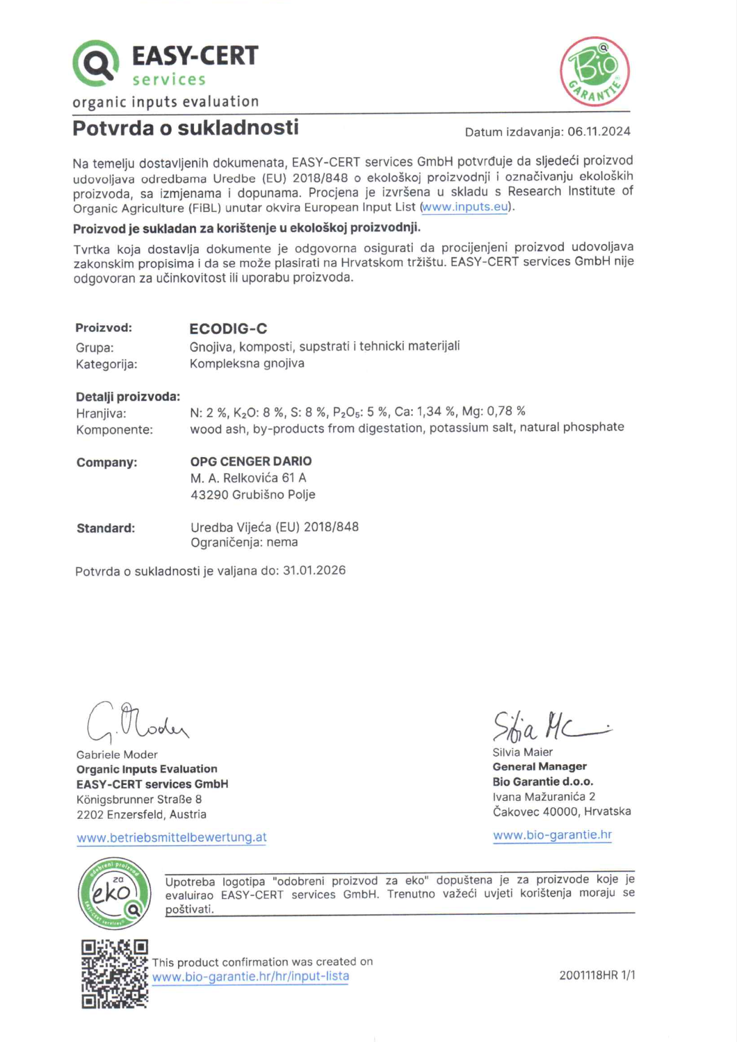 ECODIG-C certificate